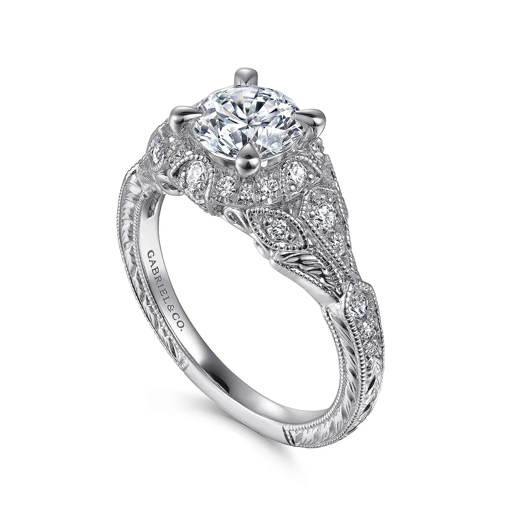 14K White Gold 'Annadale' Vintage Inspired Halo Round Diamond Engagement Ring