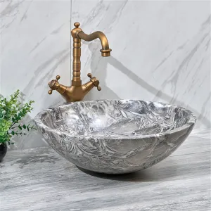 420x420x140mm Round Above Counter Basin Marble Surface Bathroom Stone Antique Vintage Wash Basin