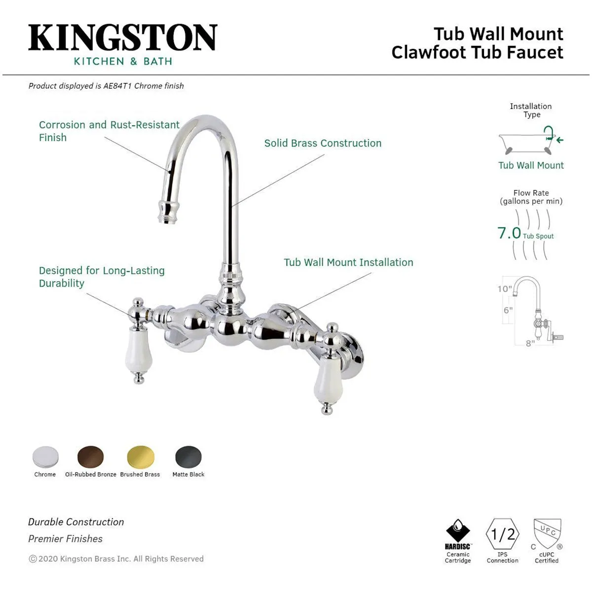 Aqua Vintage AE83TX-P Adjustable Center Wall Mount Tub Faucet