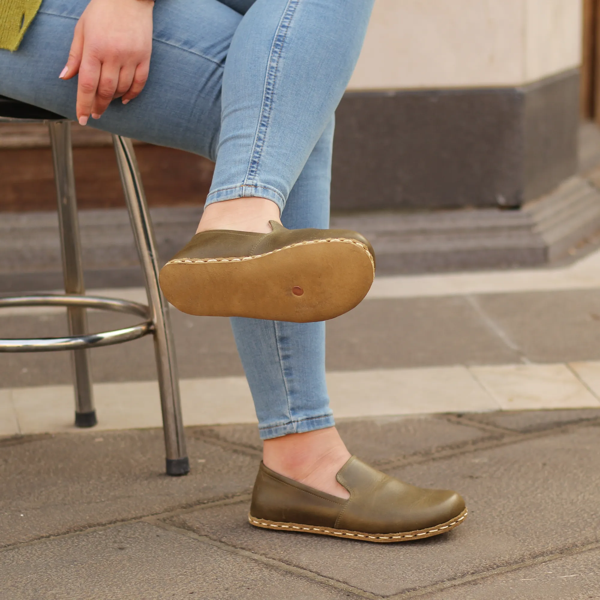 Barefoot Military Green Leather Women's Shoes "Modern Style"