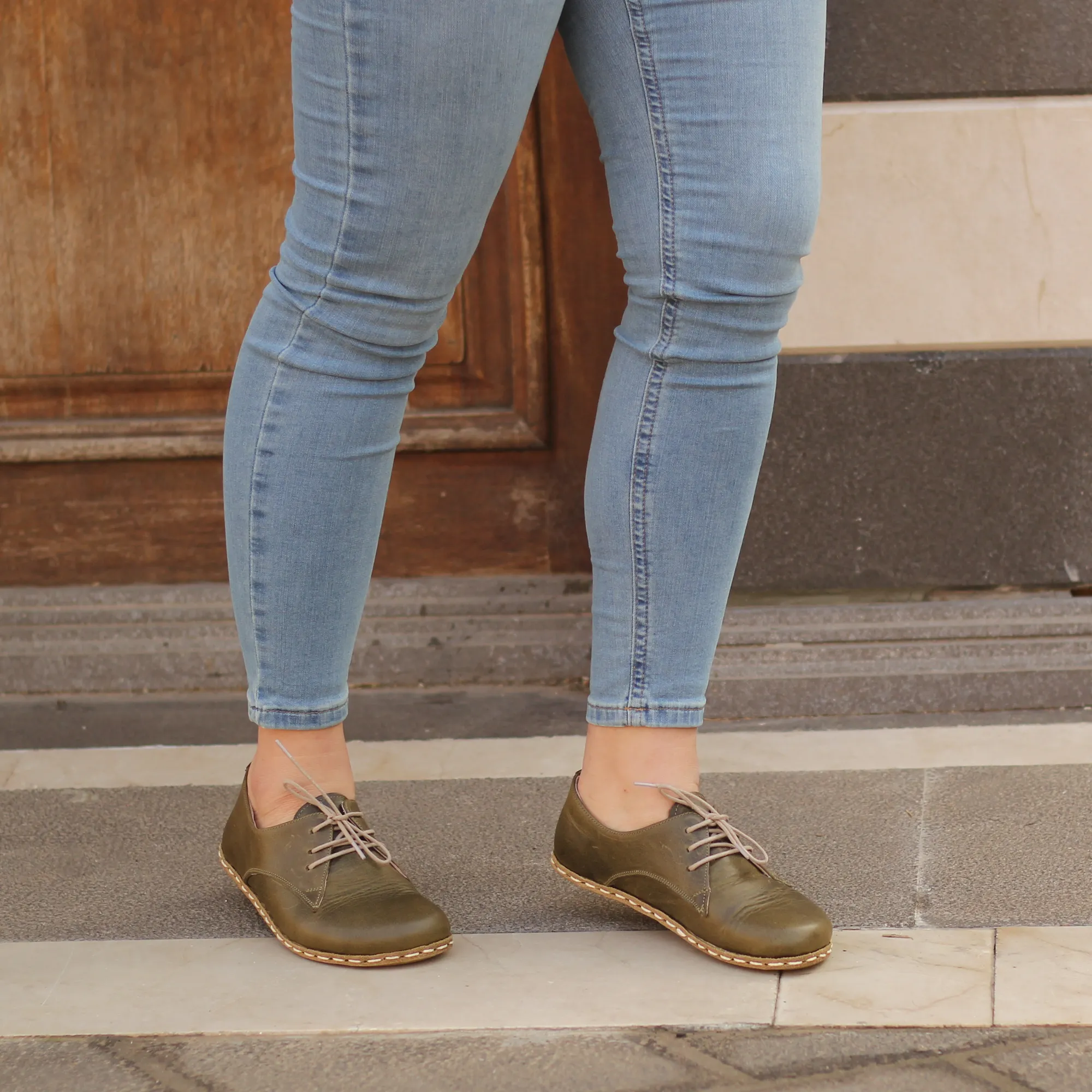 Barefoot Military Green Leather Women's Shoes "Modern Style"