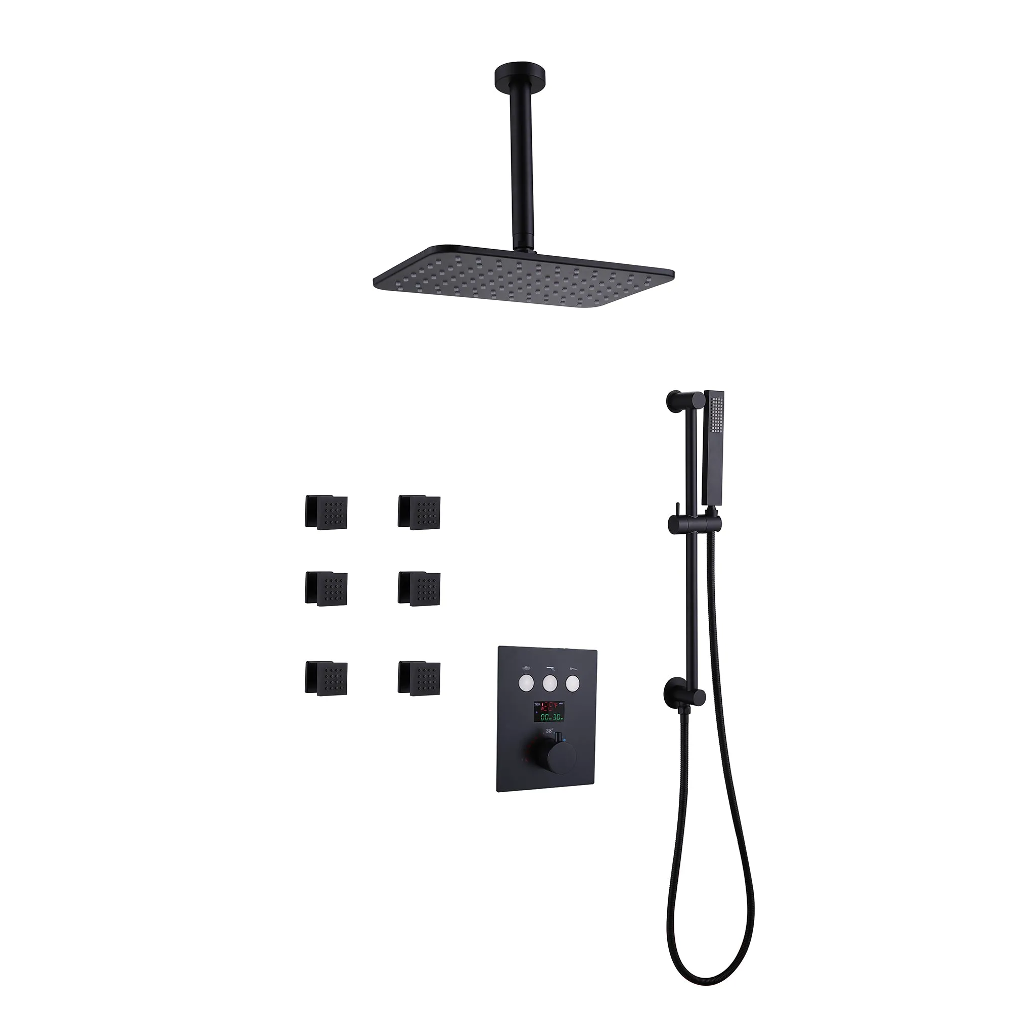 Ceiling Mount Thermostatic Shower System with 3-Spray Patterns and 6-Jet Matte Black JK0110