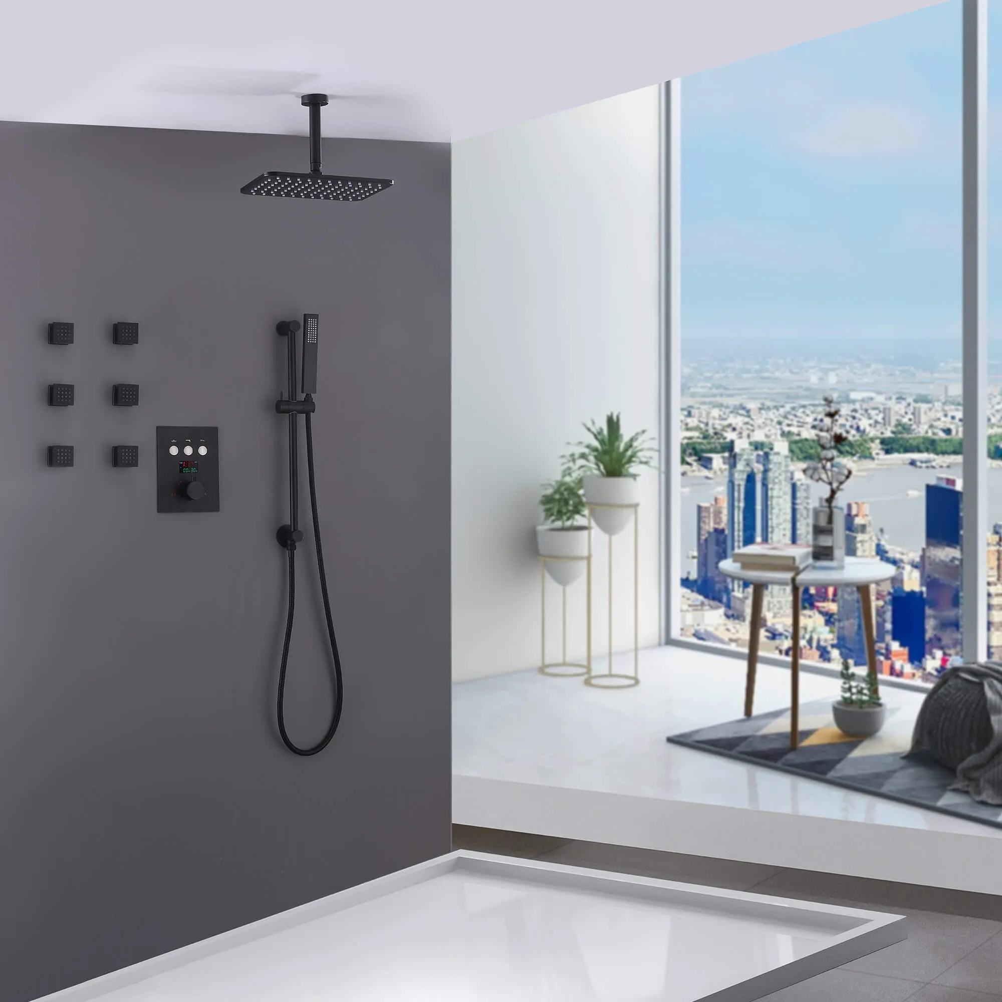 Ceiling Mount Thermostatic Shower System with 3-Spray Patterns and 6-Jet Matte Black JK0110