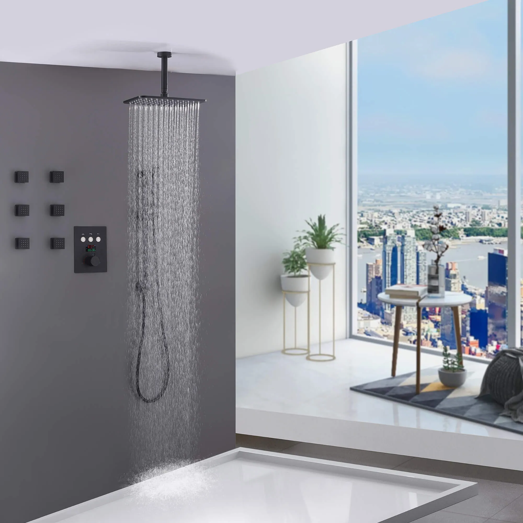 Ceiling Mount Thermostatic Shower System with 3-Spray Patterns and 6-Jet Matte Black JK0110