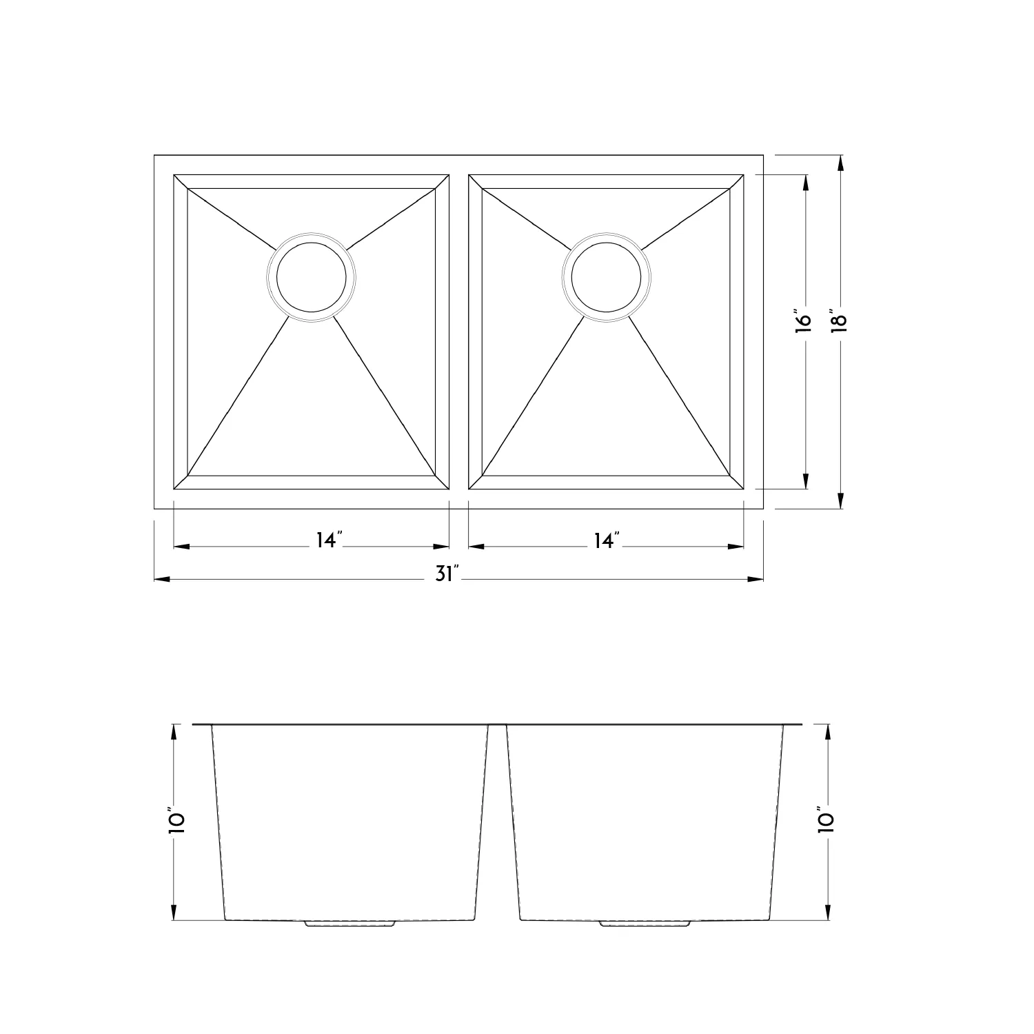 DAX Handmade 50/50 Double Bowl Undermount Kitchen Sink. 18 gauge. 31" x 18" (DAX-SQ-3118A-X)