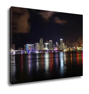 Gallery Wrapped Canvas, Downtown Of Miami Night Skyline Landscape City