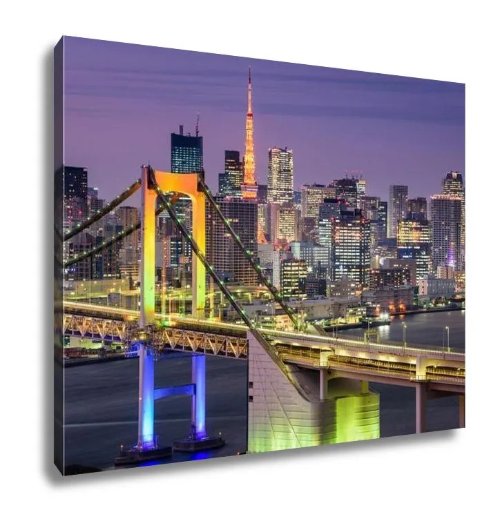 Gallery Wrapped Canvas, Tokyo Japan Cityscape At Rainbow Bridge And Tokyo Tower