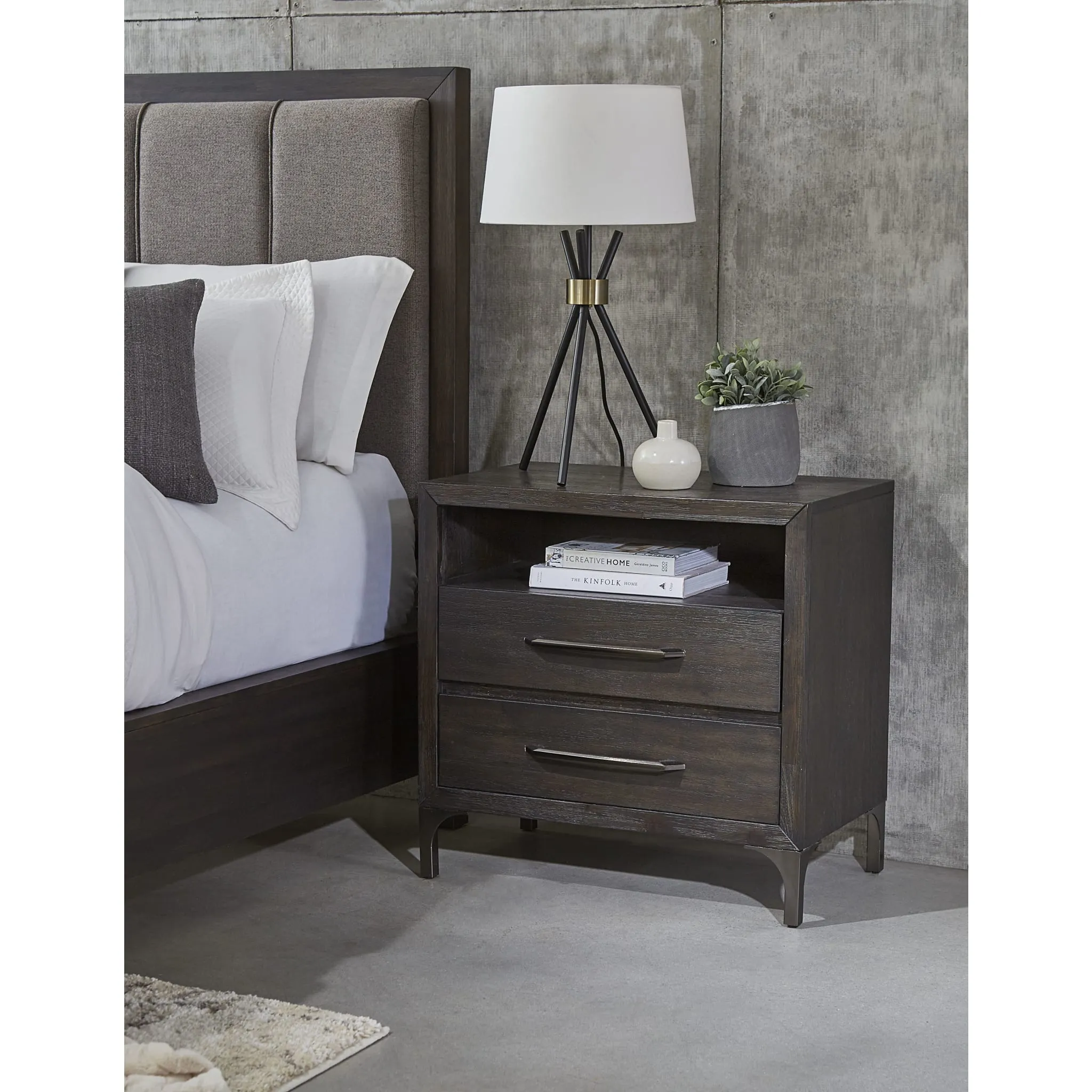 Lucerne Two-Drawer Metal Leg Nightstand in Vintage Coffee