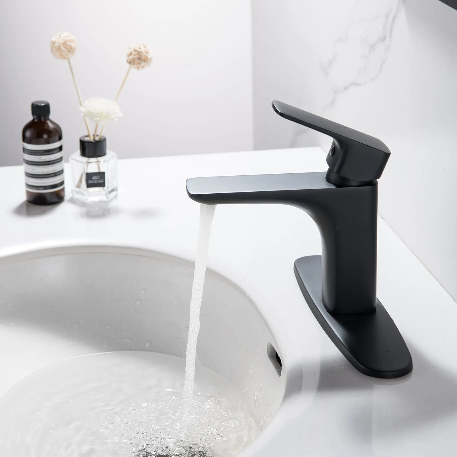 Matte Black Single Handle Bathroom Faucet with Deck Plate RB0876