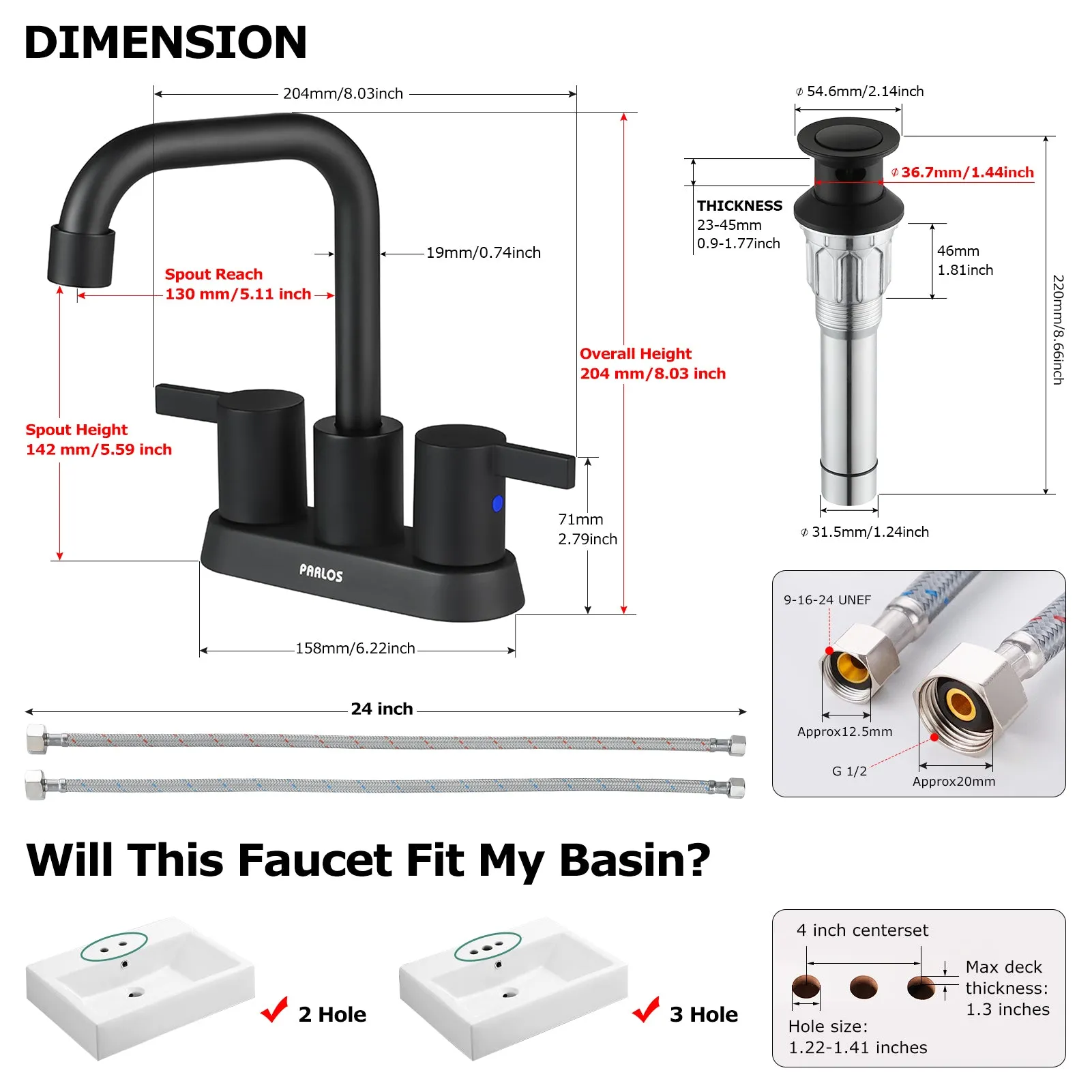 PARLOS 2-handle Matte Black Bathroom Faucet for Lavatory with Pop-up Sink Drain and Faucet Supply Lines, 1431604