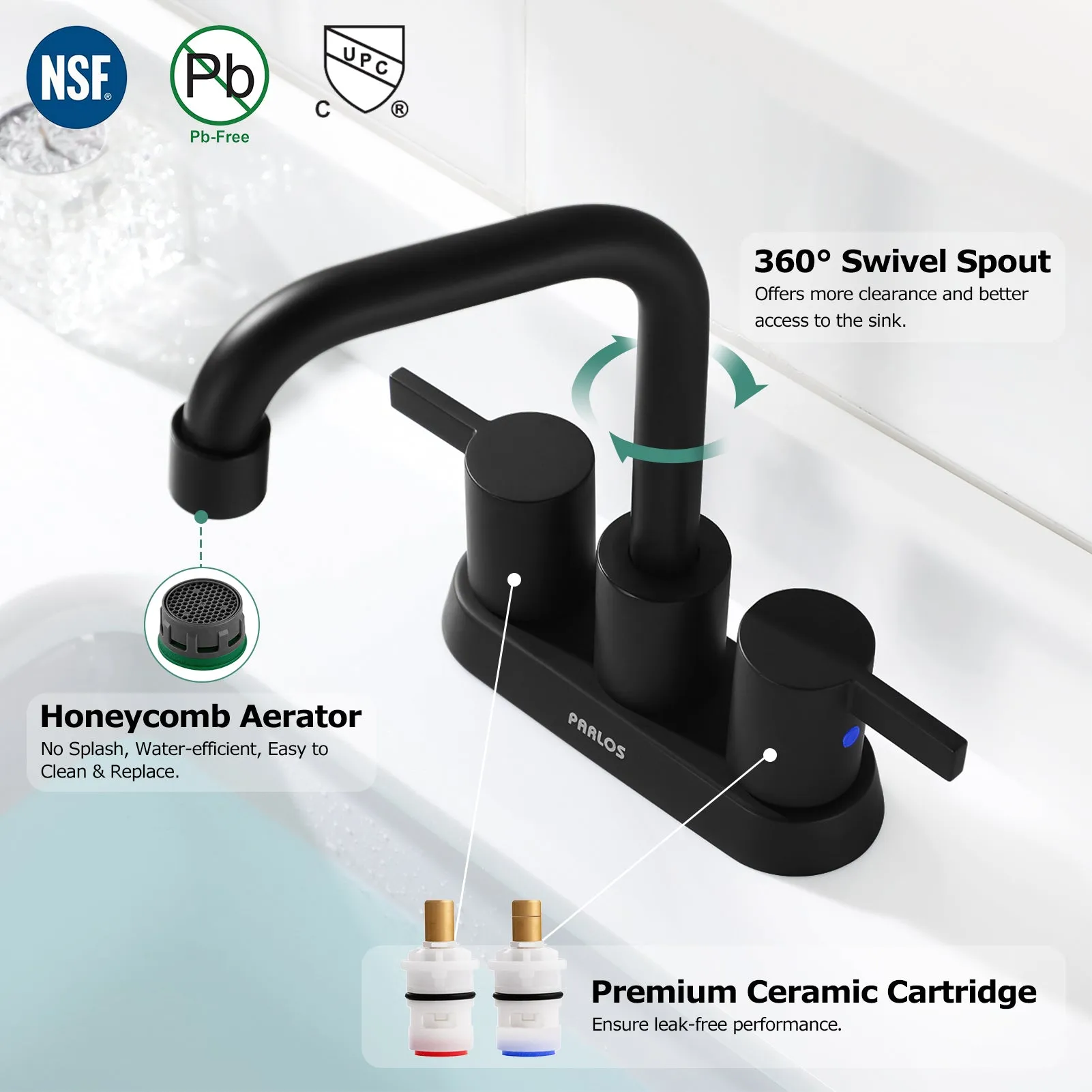 PARLOS 2-handle Matte Black Bathroom Faucet for Lavatory with Pop-up Sink Drain and Faucet Supply Lines, 1431604