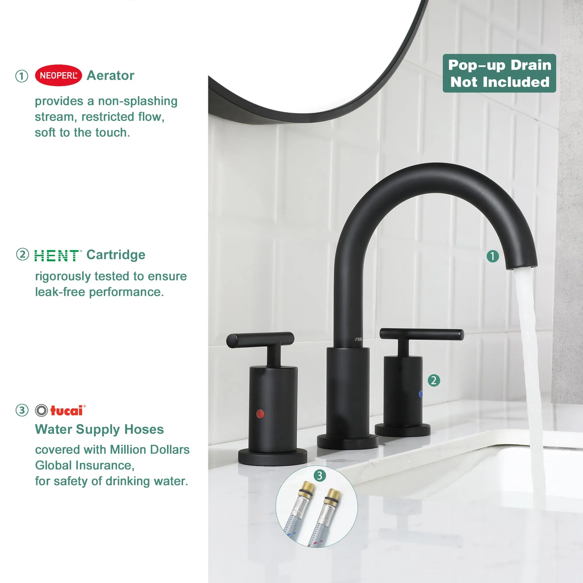 PARLOS 2-Handle Widespread 8 inch Bathroom Sink Faucet 3 Hole Vanity Faucet with cUPC Faucet Supply Lines, Matte Black, 1433104D