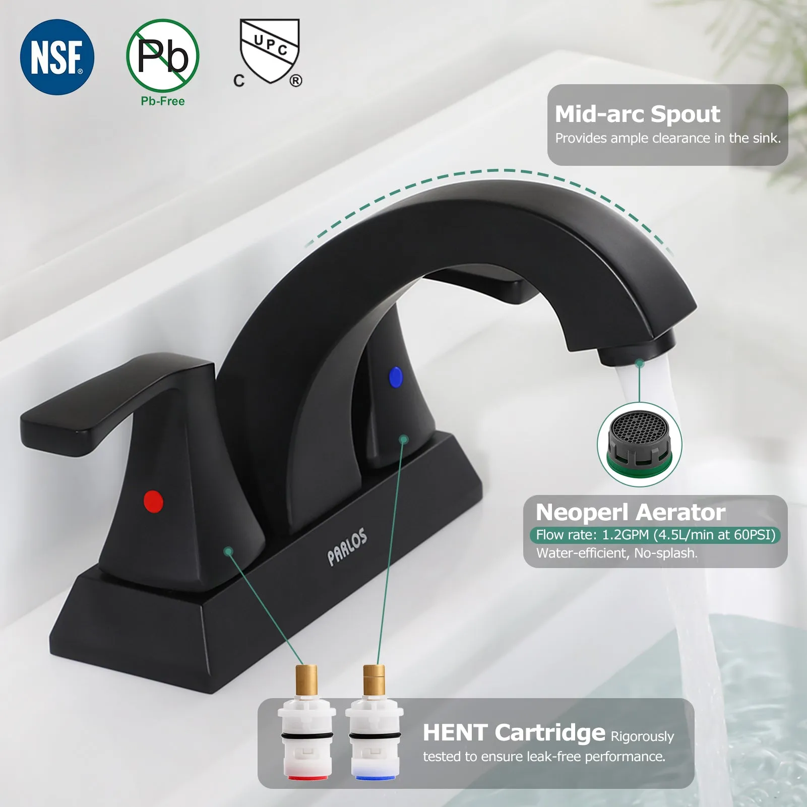 PARLOS 2 Handles Bathroom Faucet with Pop-up Drain and Faucet Supply Lines, Matte Black, 1.2 GPM Flow Rate (14255P)