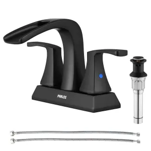 PARLOS 2 Handles Waterfall Bathroom Faucet with Pop-up Drain and Faucet Supply Lines, Matte Black, Doris (1406804)