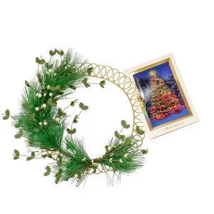 Red Co. 13.5” Decorative Golden Metal Spiral Christmas Card Holder Wreath with Evergreen Pine and White Berries