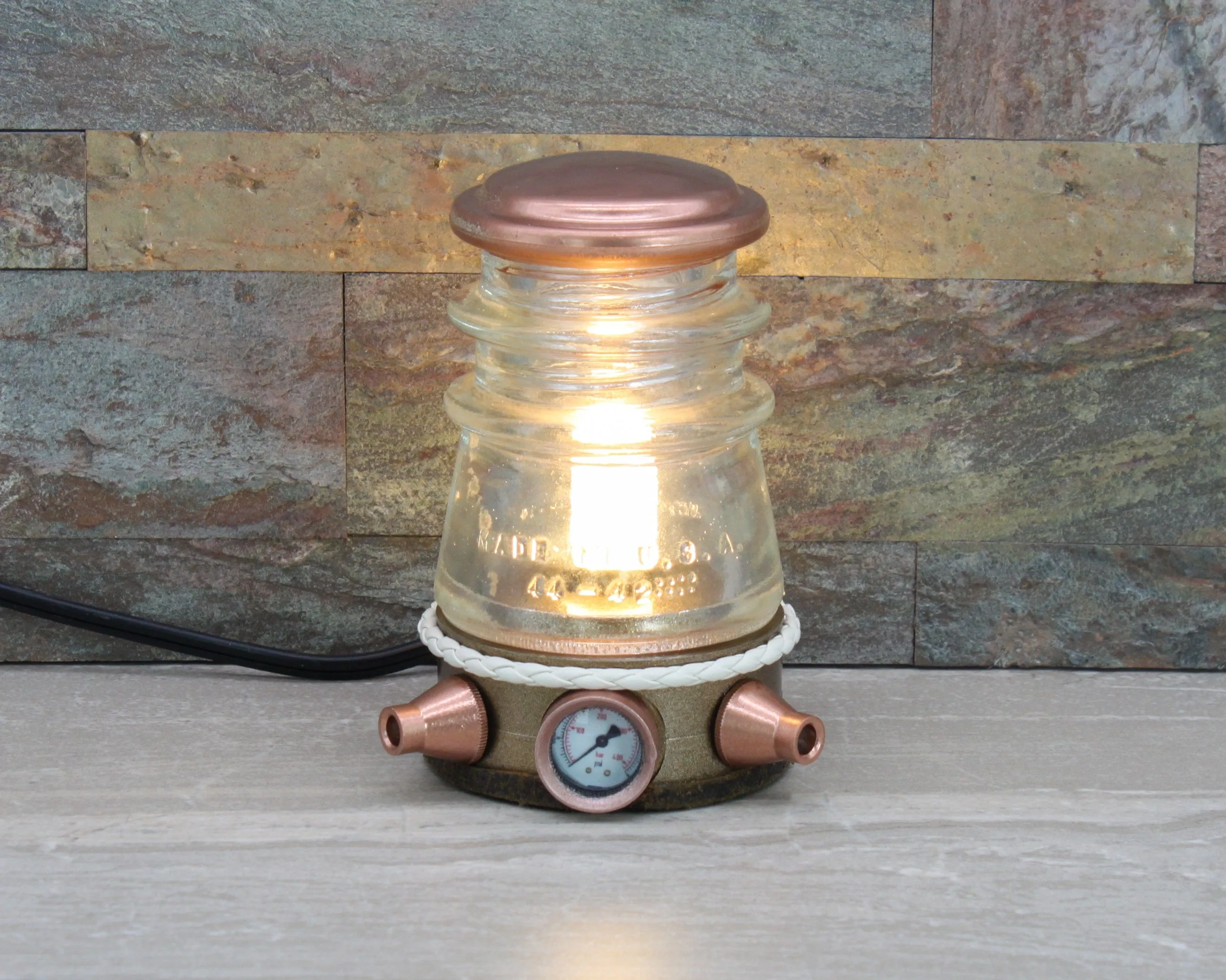 Steampunk 2 1/2" Aluminum Base Clear Insulator Lamp, Industrial Lighting, Man Cave Deco, Neo Victorian Lamp design, Cyberpunk Lamp