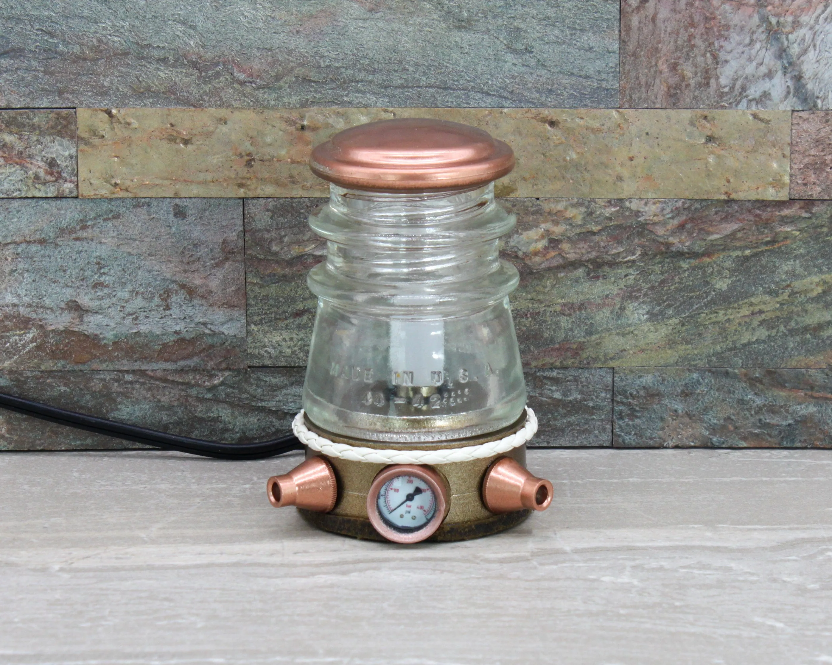 Steampunk 2 1/2" Aluminum Base Clear Insulator Lamp, Industrial Lighting, Man Cave Deco, Neo Victorian Lamp design, Cyberpunk Lamp