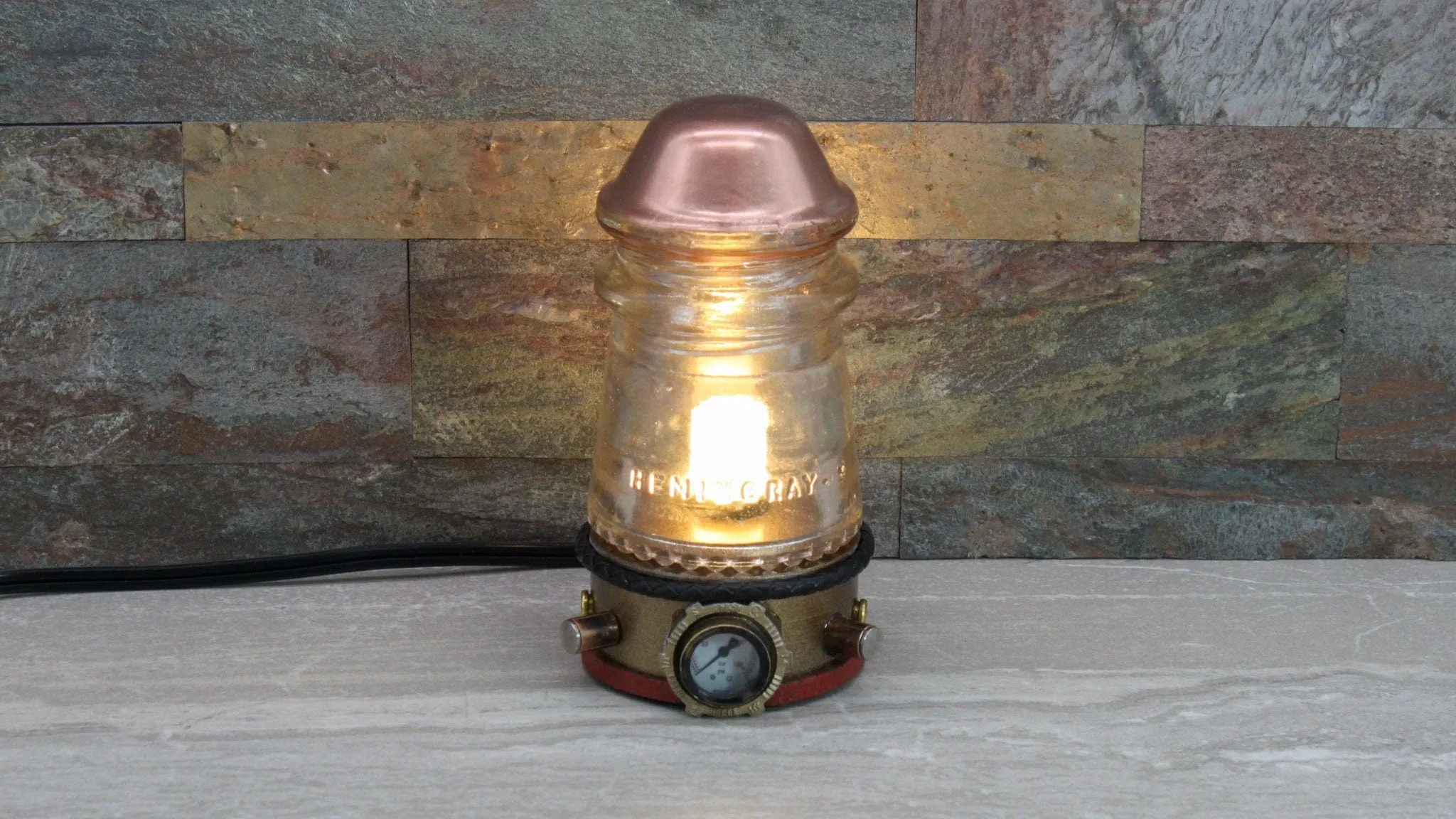 Steampunk Glass Insulator Lamp, Aluminum Base, Hemingray-9, Industrial Lighting, Man Cave Deco, Neo Victorian Lamp design, Cyberpunk Lamp