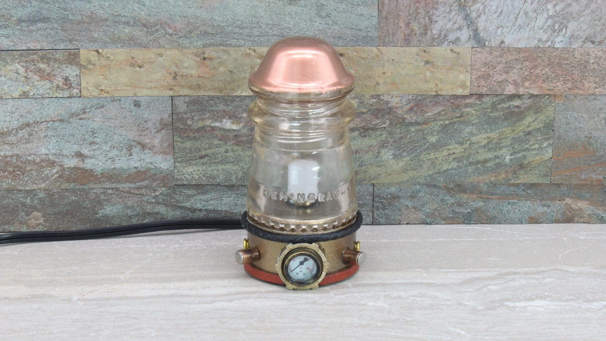 Steampunk Glass Insulator Lamp, Aluminum Base, Hemingray-9, Industrial Lighting, Man Cave Deco, Neo Victorian Lamp design, Cyberpunk Lamp