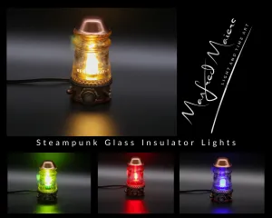 Steampunk Glass Insulator Lamp, Aluminum Base, Hemingray-9, Industrial Lighting, Man Cave Deco, Neo Victorian Lamp design, Cyberpunk Lamp