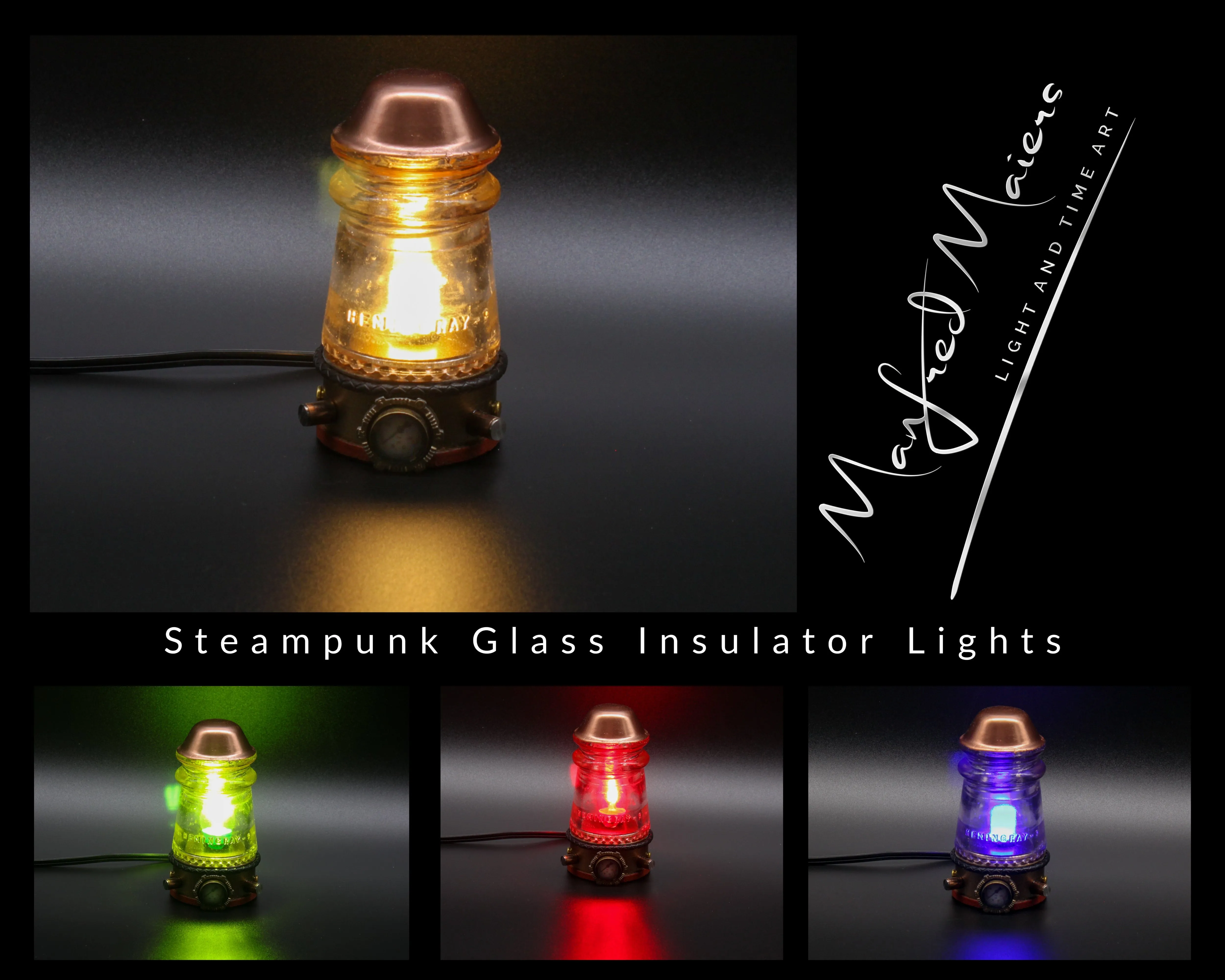 Steampunk Glass Insulator Lamp, Aluminum Base, Hemingray-9, Industrial Lighting, Man Cave Deco, Neo Victorian Lamp design, Cyberpunk Lamp