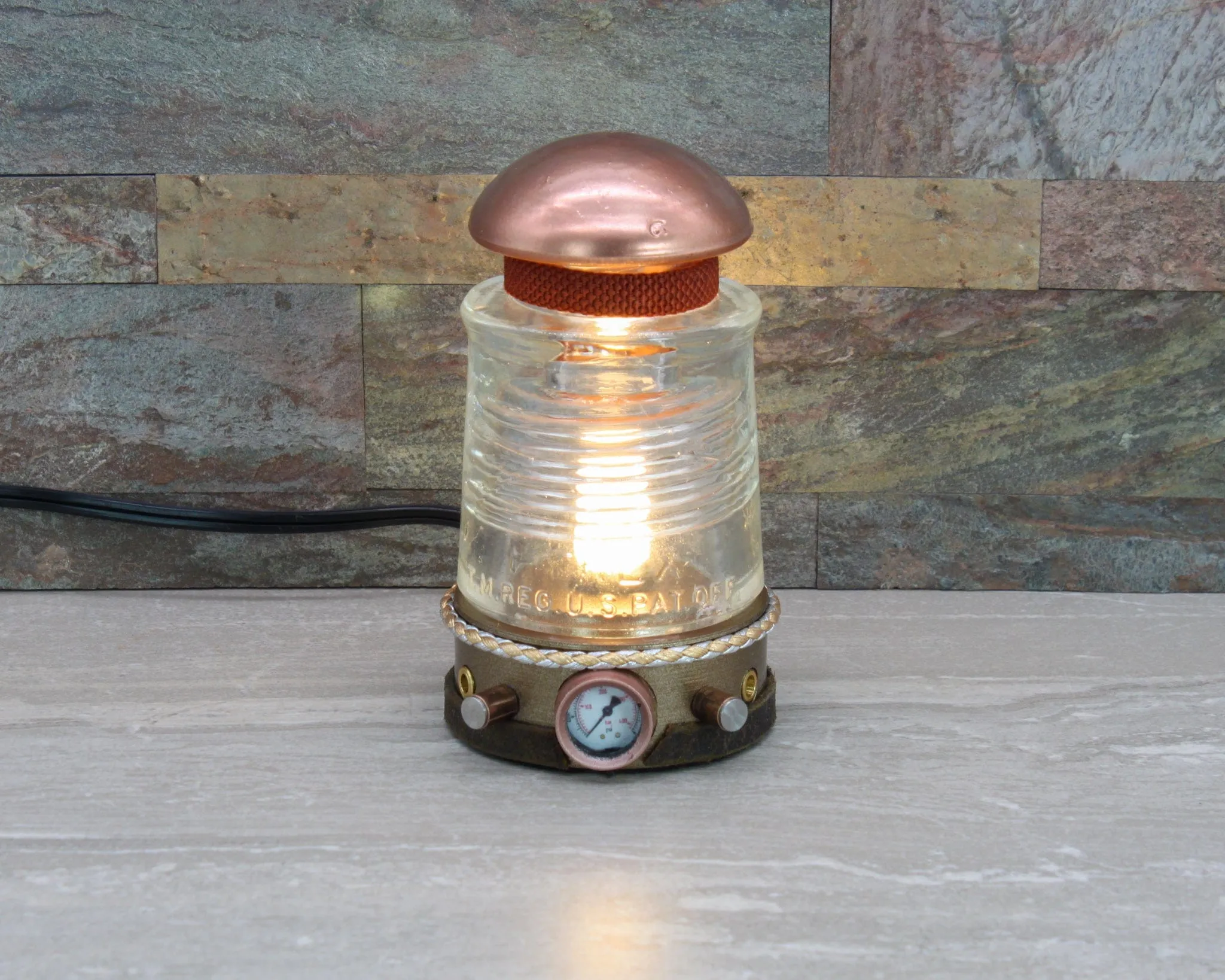 Steampunk Glass Insulator Lamp, Aluminum Base, PYREX C17, Industrial Lighting, Man Cave Deco, Neo Victorian Lamp design, Cyberpunk Lamp