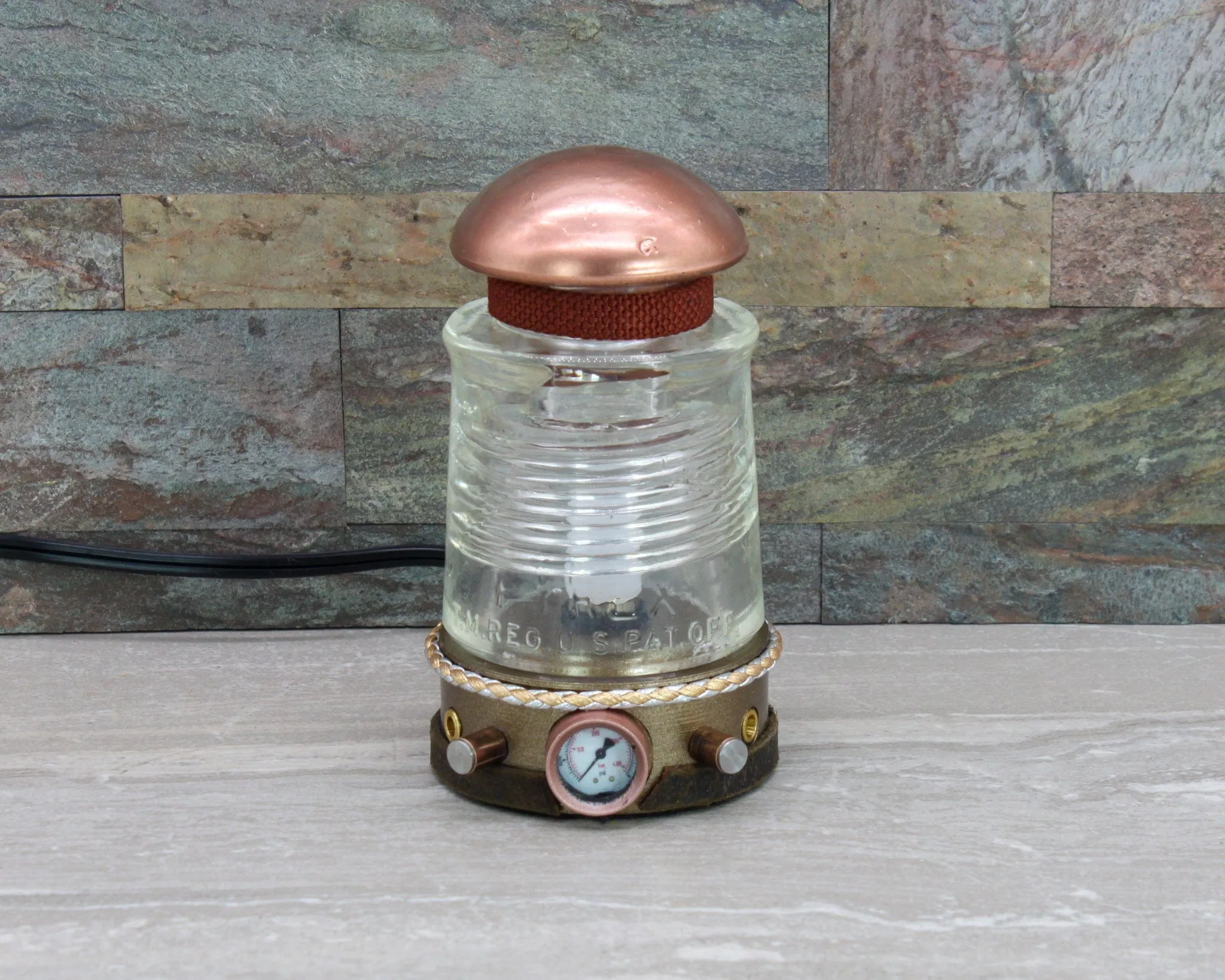 Steampunk Glass Insulator Lamp, Aluminum Base, PYREX C17, Industrial Lighting, Man Cave Deco, Neo Victorian Lamp design, Cyberpunk Lamp