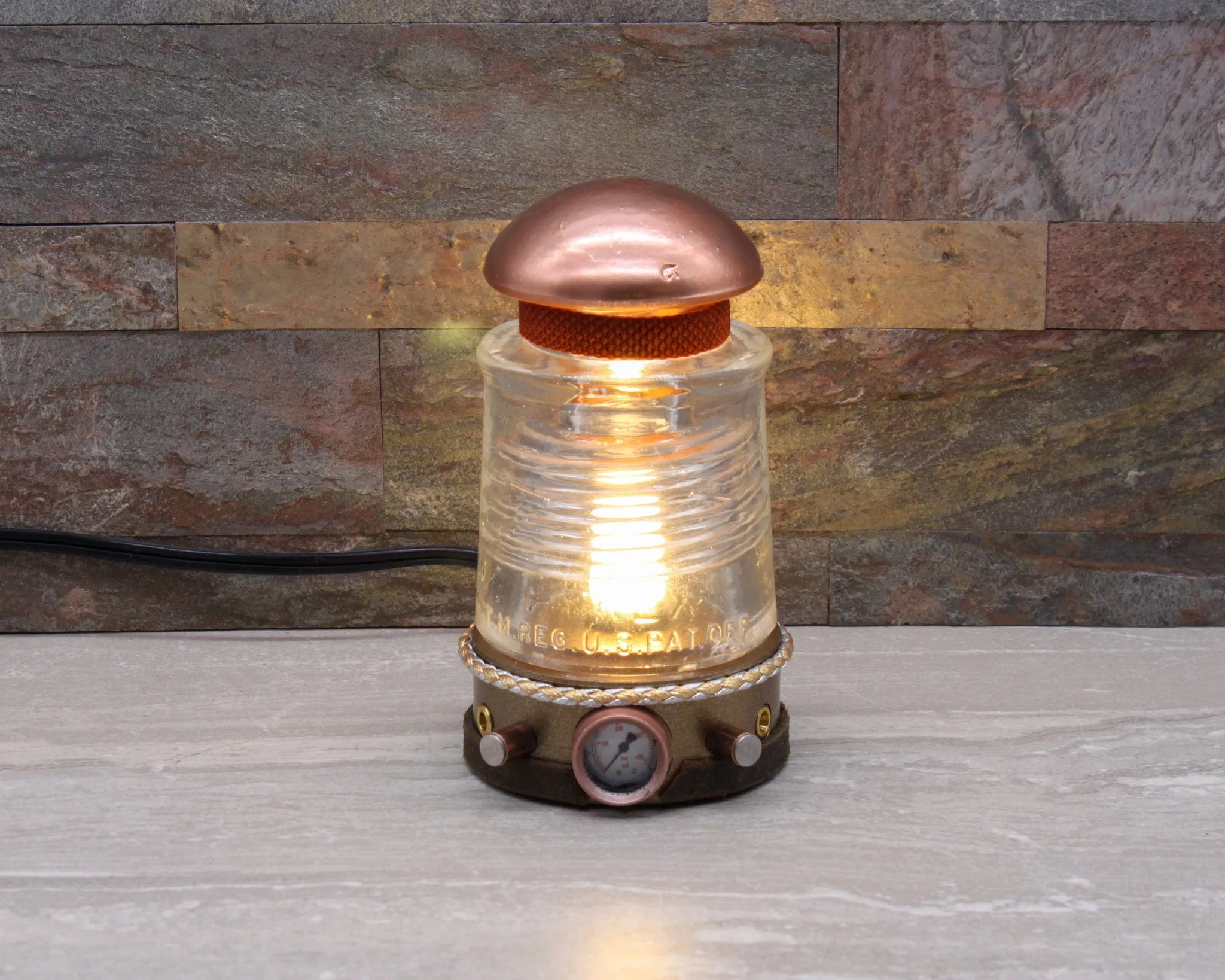 Steampunk Glass Insulator Lamp, Aluminum Base, PYREX C17, Industrial Lighting, Man Cave Deco, Neo Victorian Lamp design, Cyberpunk Lamp