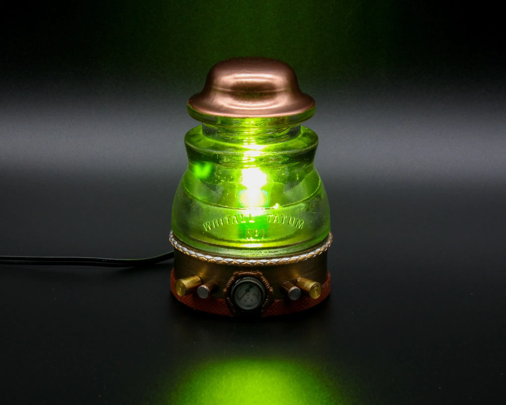 Steampunk Glass Insulator Lamp, Aluminum Base, Tatum No1, Industrial Lighting, Man Cave Deco, Neo Victorian Lamp design, Cyberpunk Lamp