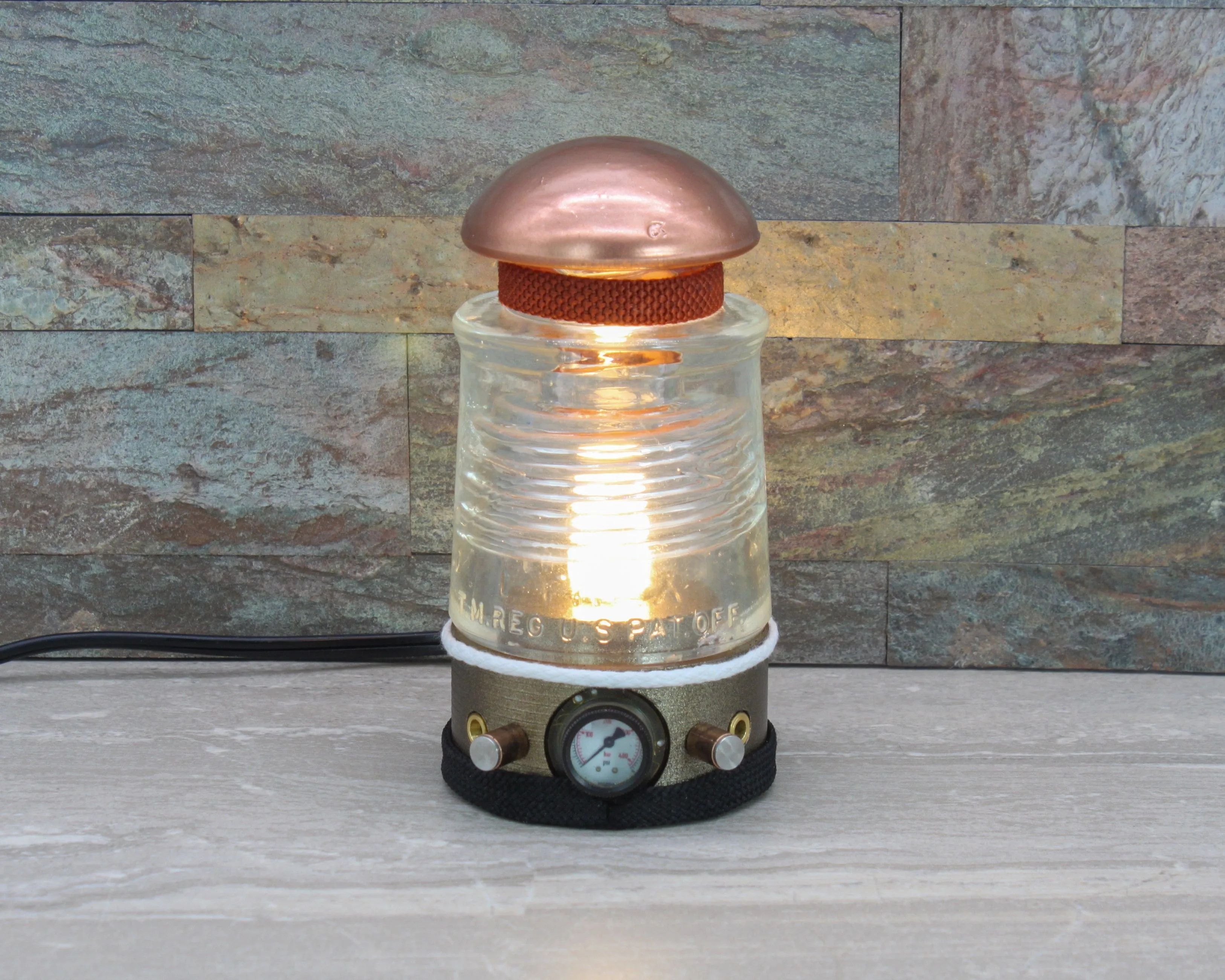 Steampunk Glass Insulator Lamp, PLA Base, PYREX C17, Industrial Lighting, Man Cave Deco, Neo Victorian Lamp design, Cyberpunk Lamp