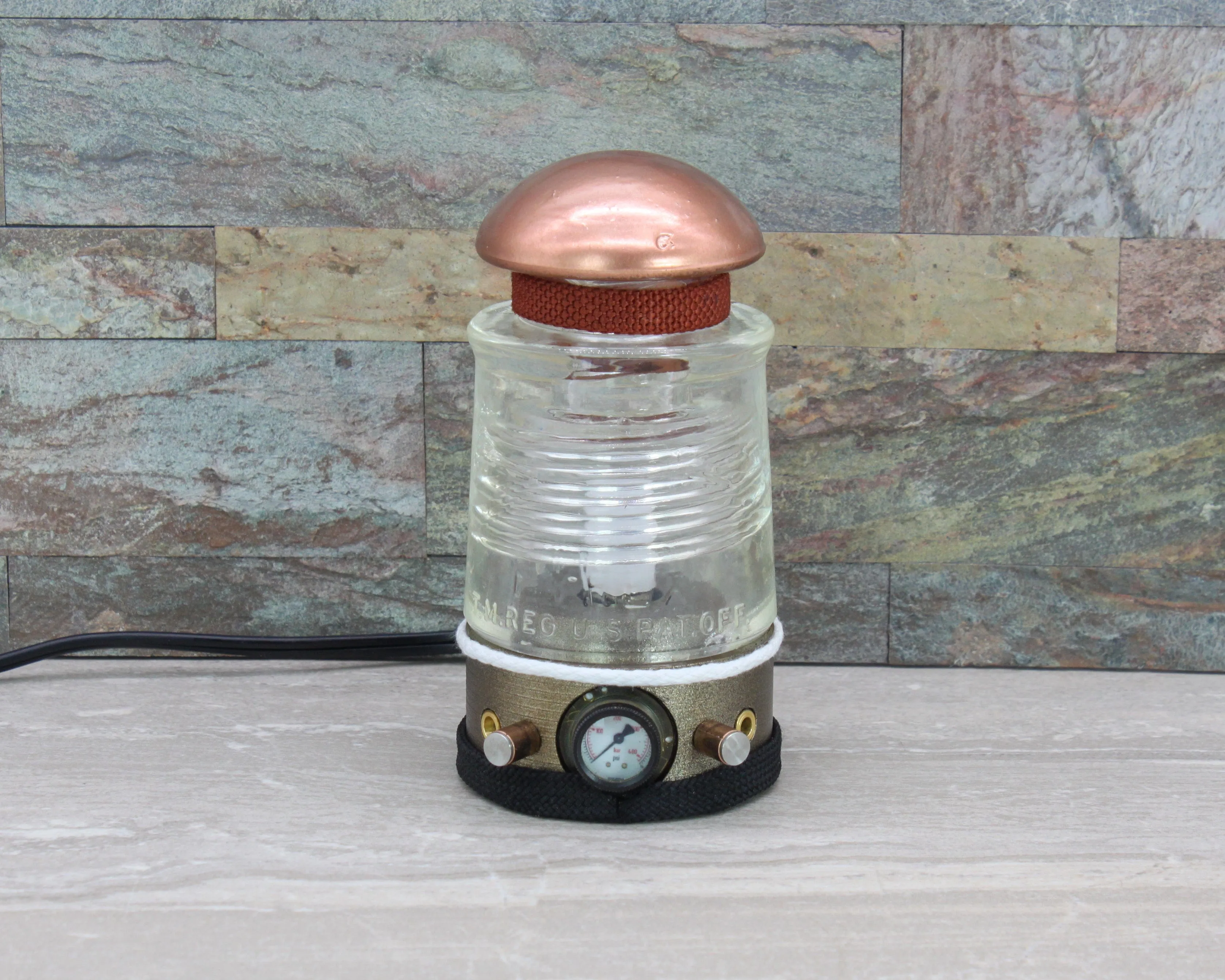 Steampunk Glass Insulator Lamp, PLA Base, PYREX C17, Industrial Lighting, Man Cave Deco, Neo Victorian Lamp design, Cyberpunk Lamp