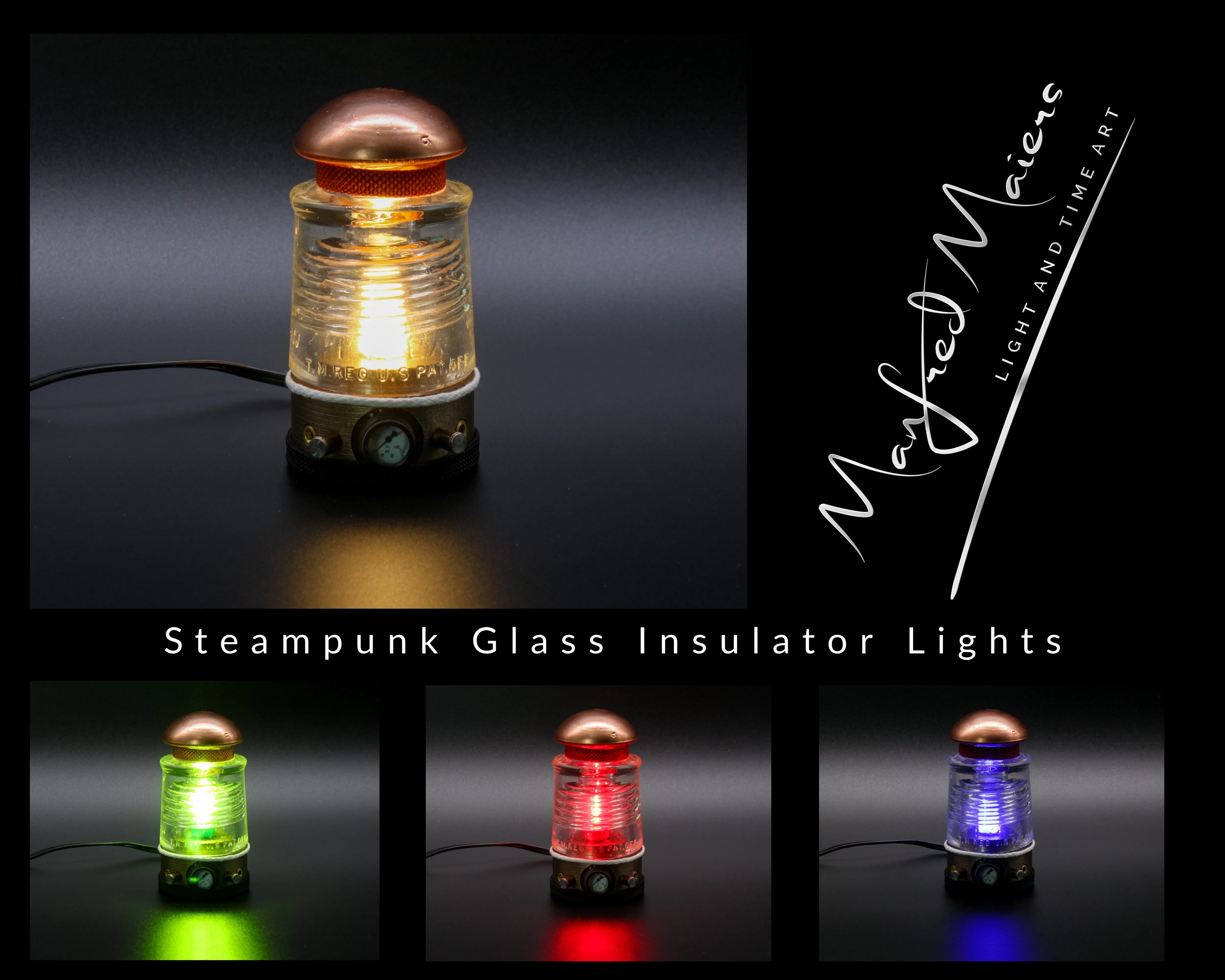 Steampunk Glass Insulator Lamp, PLA Base, PYREX C17, Industrial Lighting, Man Cave Deco, Neo Victorian Lamp design, Cyberpunk Lamp