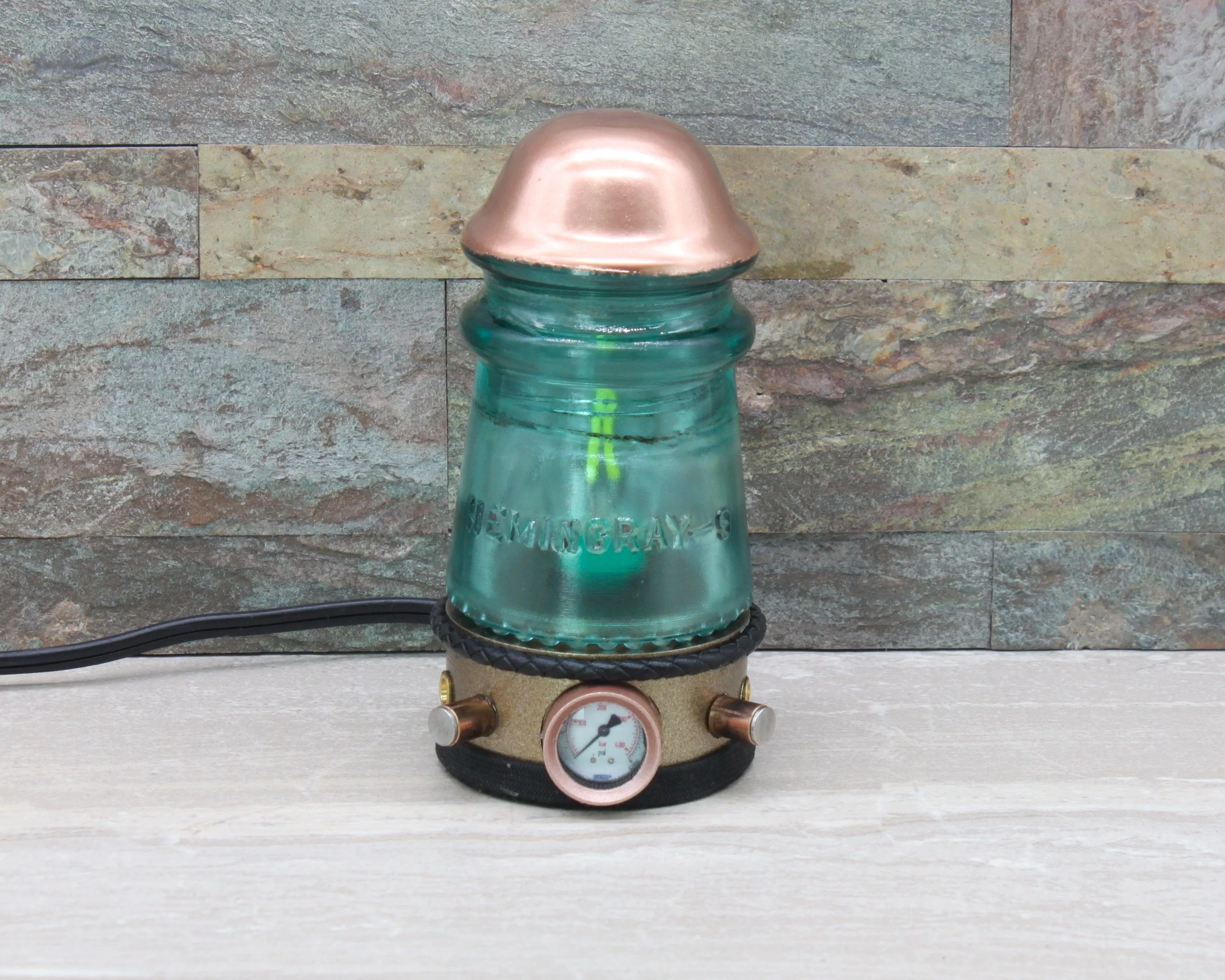 Steampunk Turquoise Glass Insulator Lamp, Aluminum Base, Hemingray No.9, Industrial Lighting, Man Cave Deco, Neo Victorian Lamp design, Cyberpunk Lamp