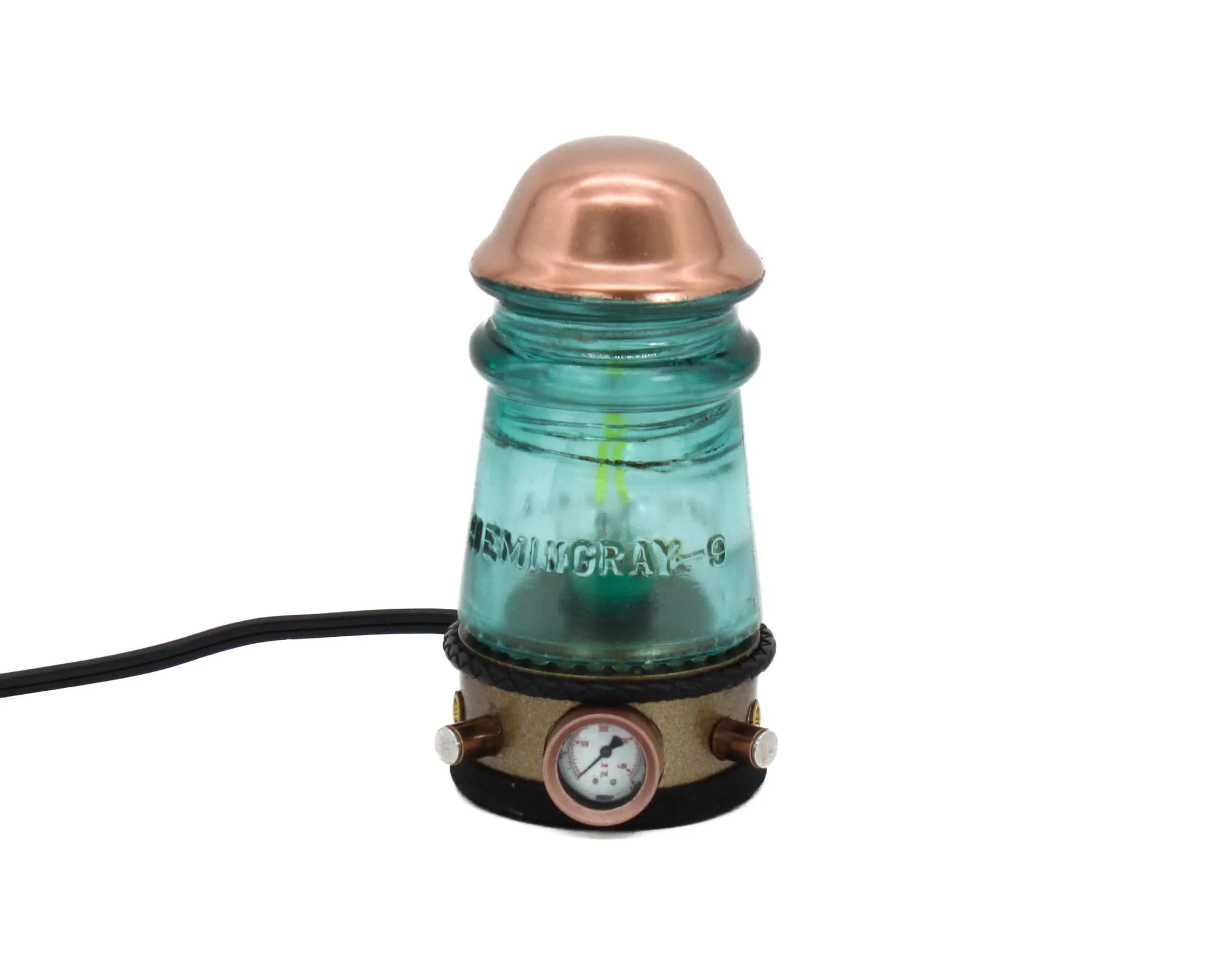 Steampunk Turquoise Glass Insulator Lamp, Aluminum Base, Hemingray No.9, Industrial Lighting, Man Cave Deco, Neo Victorian Lamp design, Cyberpunk Lamp