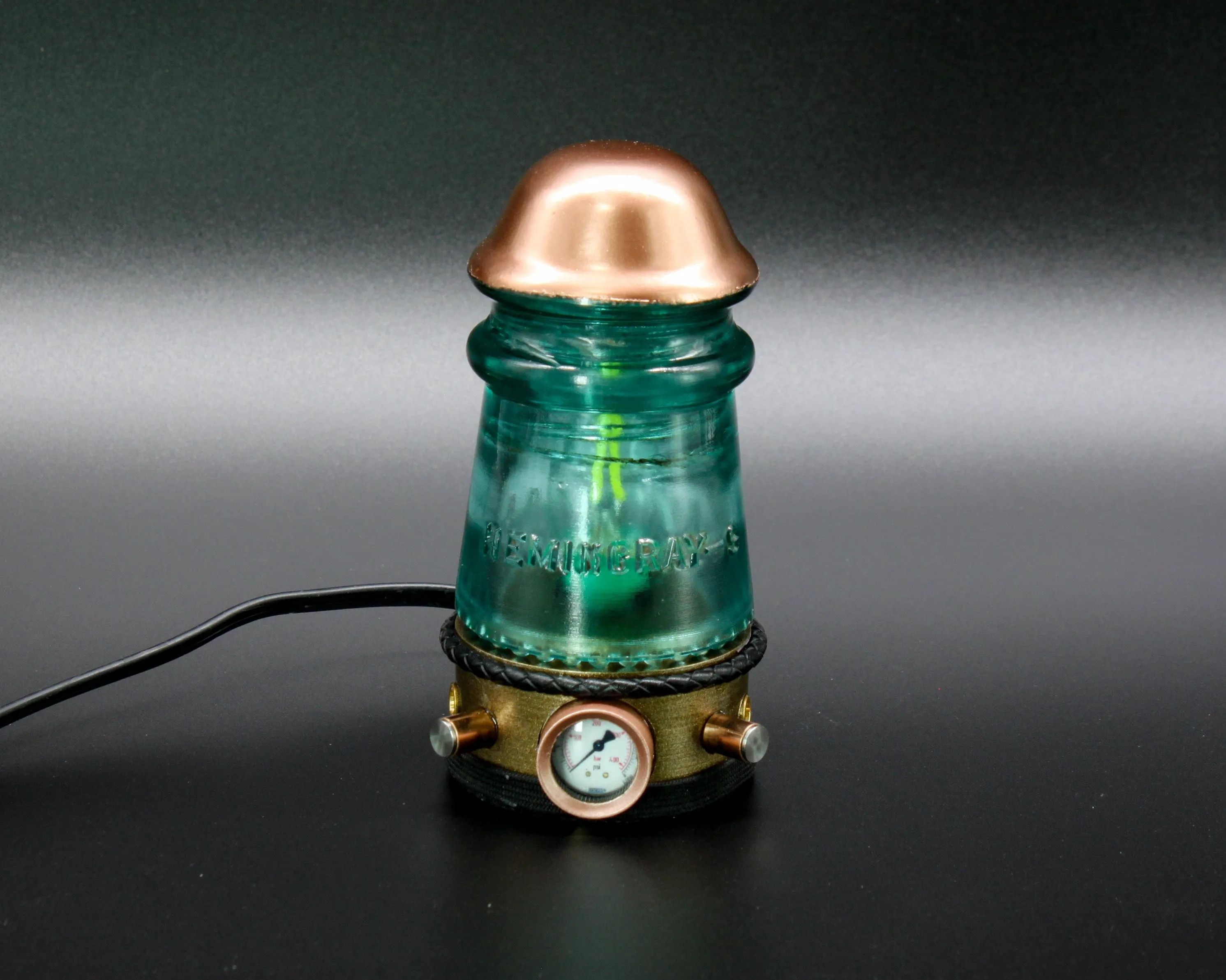 Steampunk Turquoise Glass Insulator Lamp, Aluminum Base, Hemingray No.9, Industrial Lighting, Man Cave Deco, Neo Victorian Lamp design, Cyberpunk Lamp