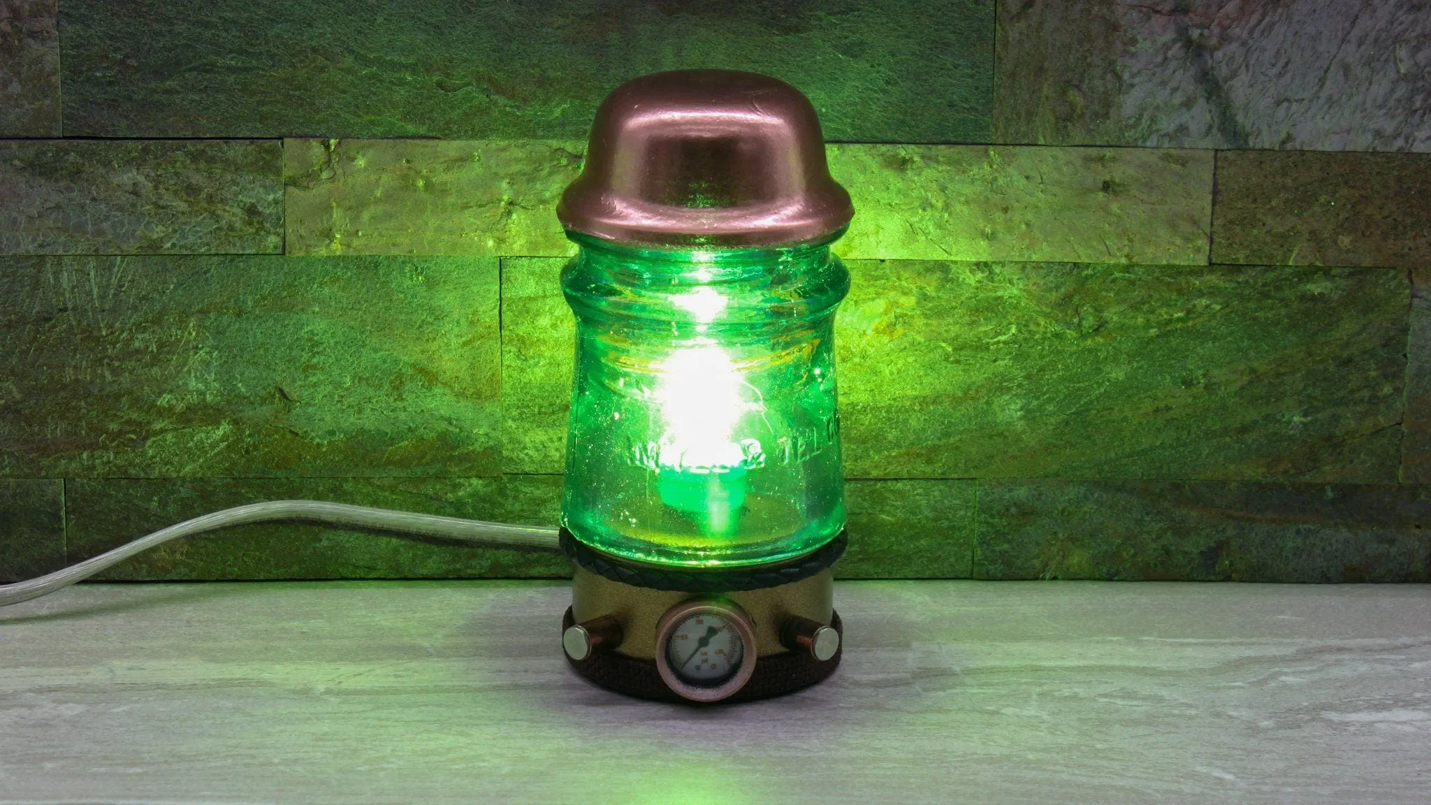 Steampunk Turquoise Glass Insulator Lamp, Aluminum Base, Industrial Lighting, Man Cave Deco, Neo Victorian Cyberpunk Lamp