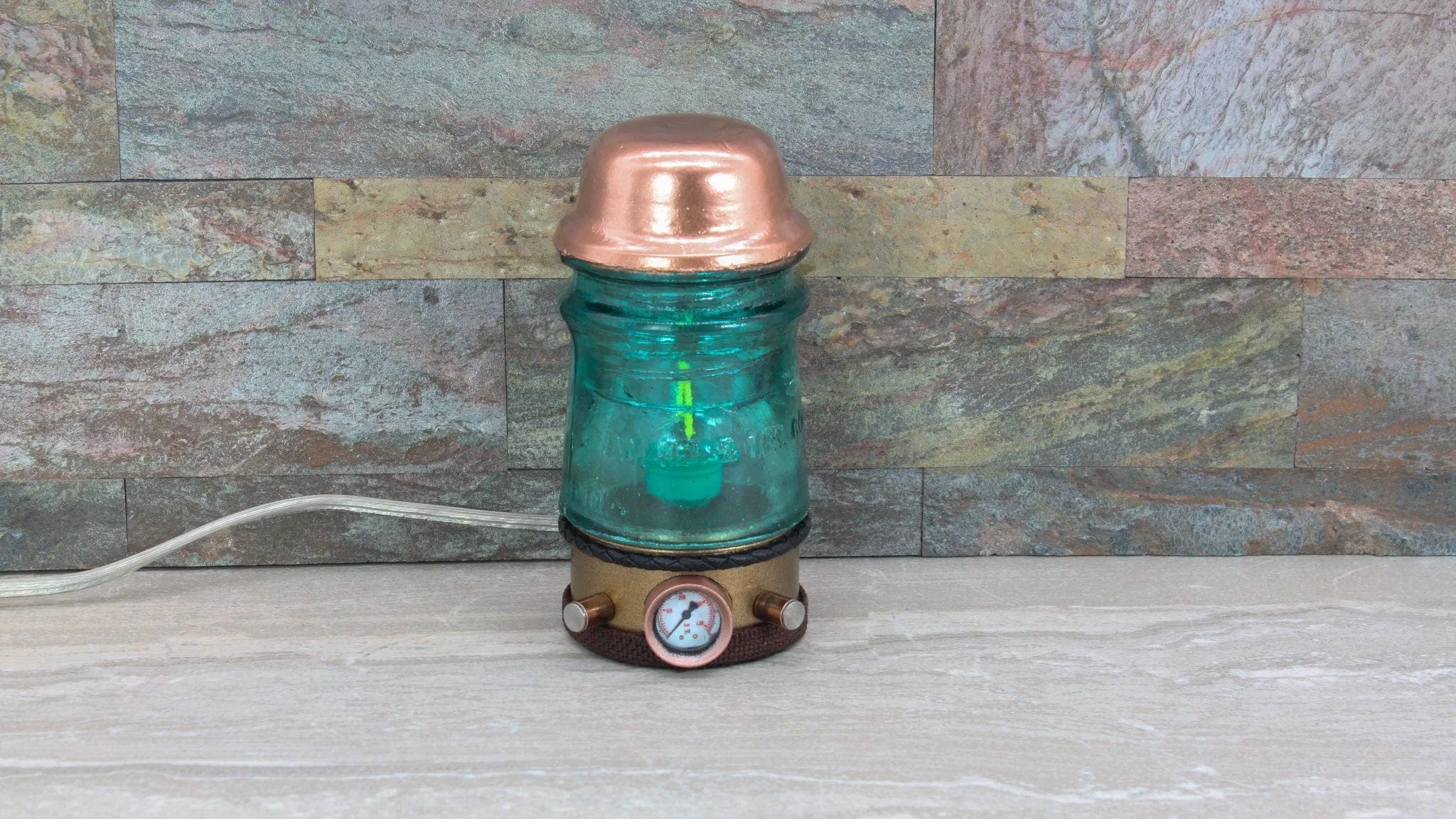 Steampunk Turquoise Glass Insulator Lamp, Aluminum Base, Industrial Lighting, Man Cave Deco, Neo Victorian Cyberpunk Lamp